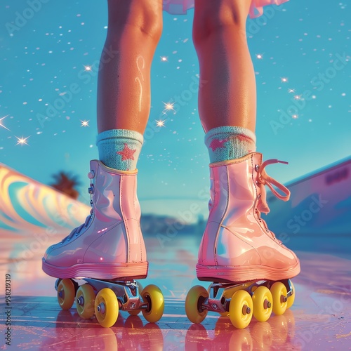 Vintage pink roller skaters, 90s aesthetics advertising concept.
