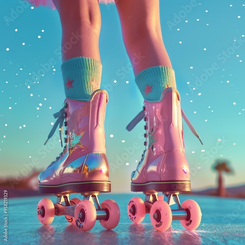 Vintage pink roller skaters, 90s aesthetics advertising concept.