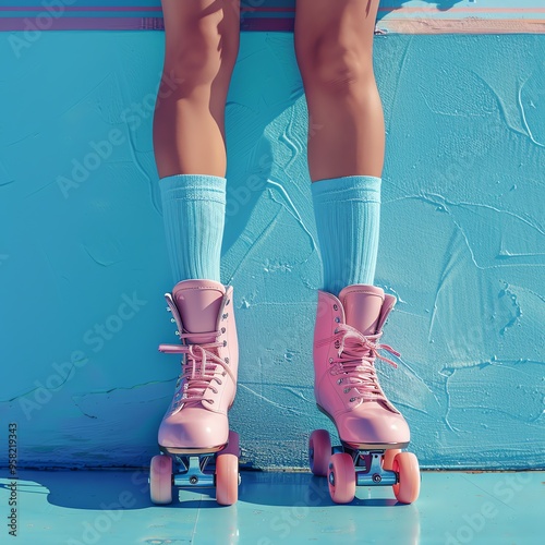 Vintage pink roller skaters, 90s aesthetics advertising concept.