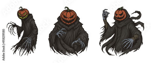 Halloween Pumpkin Head Reaper Art Set. Cartoon Scary Character in Black Cloak with Scary Pumpkin Face. Creepy Surreal Horror Halloween Vector Illustration. Jack-O-Lantern Design	