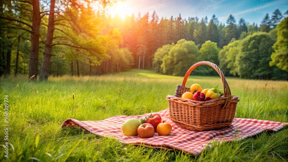 A picturesque picnic scene with a basket of fresh fruit on a blanket in a lush field, with a forest in the background A picturesque picnic scene with a basket of fresh fruit on a blanket in a lush field, with a forest in the background
