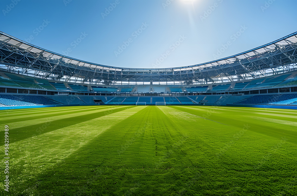 The football field grass under the blue sky and white clouds The football field grass under the blue sky and white clouds