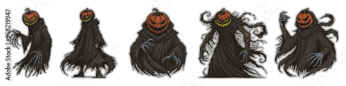 Halloween Pumpkin Head Reaper Sticker Set. Cartoon Scary Character in Black Cloak with Scary Pumpkin Face. Creepy Surreal Horror Halloween Vector Illustration. Jack-O-Lantern Design	