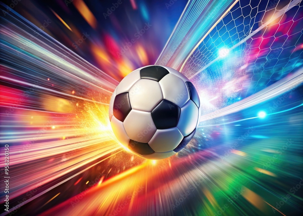 Naklejka premium bold and colorful graphic-style photo of a soccer ball flying towards the goal with dynamic motion blur and abstract shapes in the background