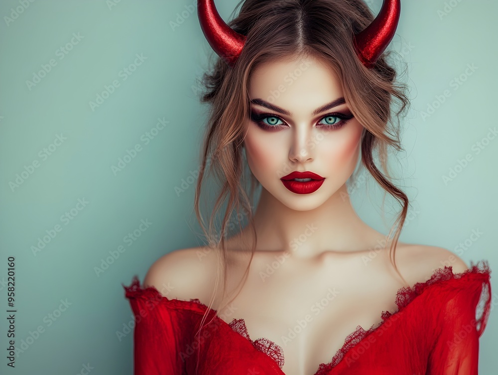 Alluring Woman in Red Devil Costume with Horns Posing for Halloween Alluring Woman in Red Devil Costume with Horns Posing for Halloween