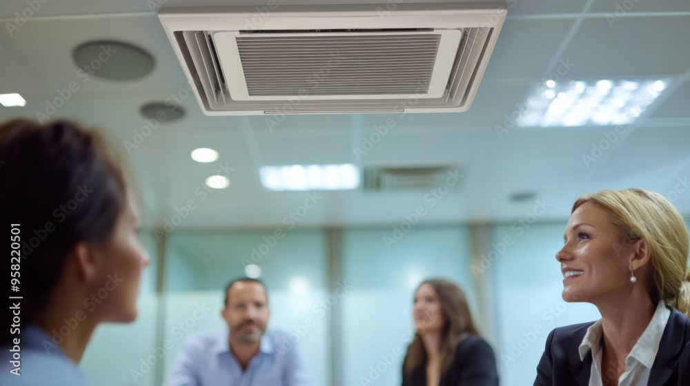 Fototapeta premium Efficient air conditioning system in modern office meeting room, enhancing comfort during discussions.