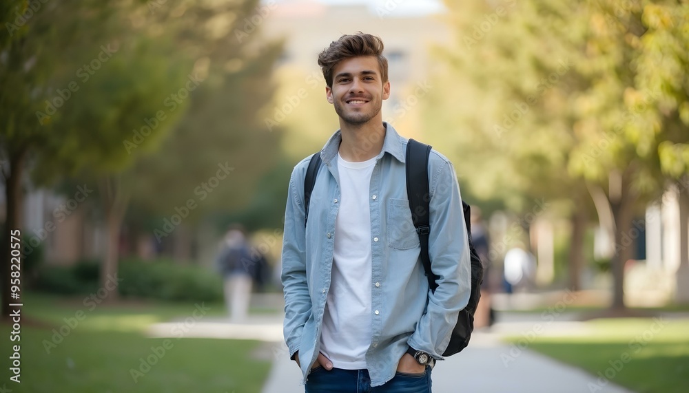A Portrait of a male college student in shirt and jeans at campus looking at camera A Portrait of a male college student in shirt and jeans at campus looking at camera