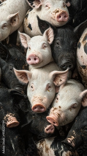 Mixed-color piglets huddled together in a close group photo