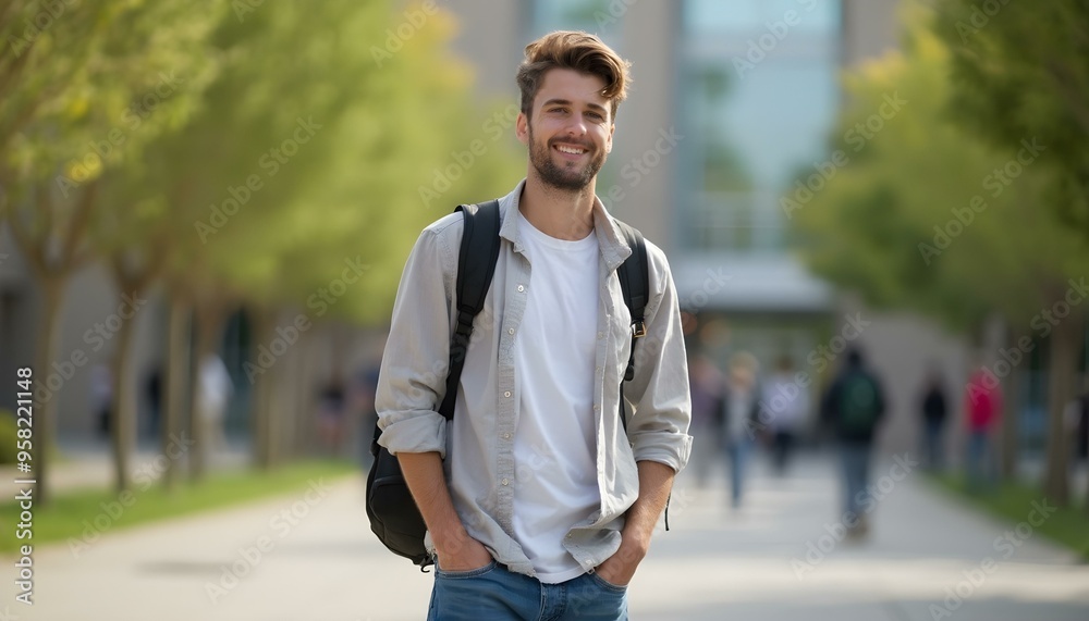A Portrait of a male college student in shirt and jeans at campus looking at camera A Portrait of a male college student in shirt and jeans at campus looking at camera