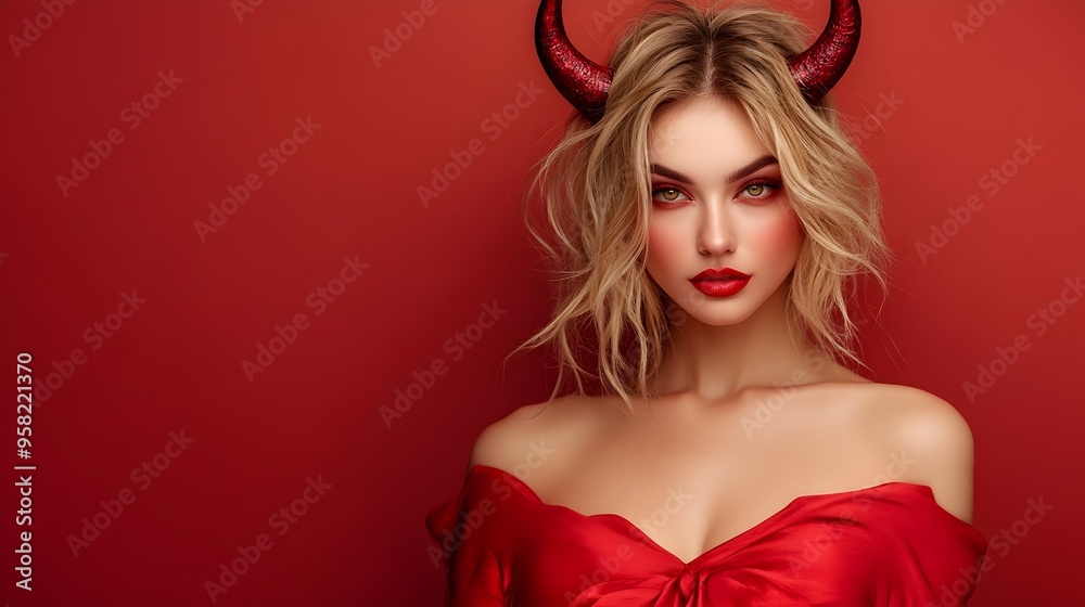 Alluring Female Devil in Red Horns and Costume for Halloween Portrait Alluring Female Devil in Red Horns and Costume for Halloween Portrait