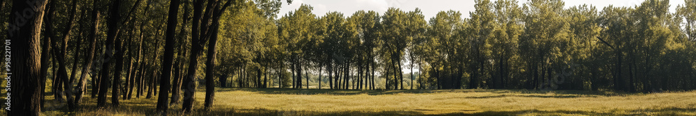 Fototapeta premium A serene landscape in an Asian region, featuring numerous tall, ancient trees with broad canopies spread across the scene. The trees are large and majestic, creating a sense of tranquility and natural