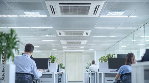 Modern office with air conditioning and employees working at desks