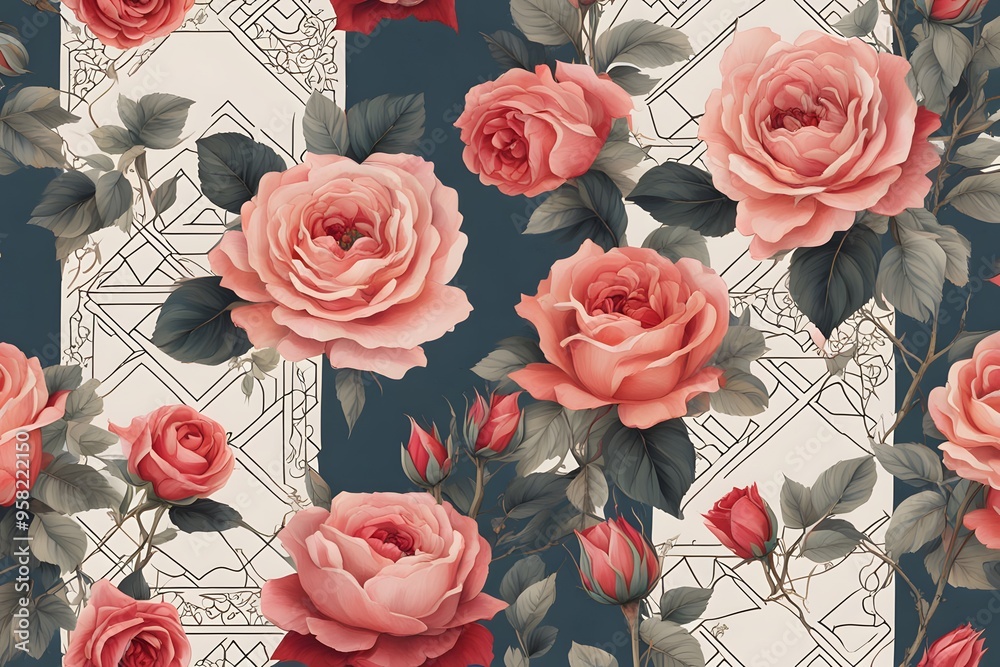 A floral pattern with a mix of traditional and modern elements featuring roses and geometric shapes, AI Generated A floral pattern with a mix of traditional and modern elements featuring roses and geometric shapes, AI Generated