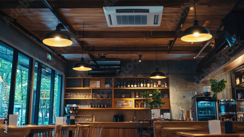 Cozy interior of modern cafe featuring wooden furniture, shelves with drinks, and warm lighting. perfect spot for relaxation and socializing.