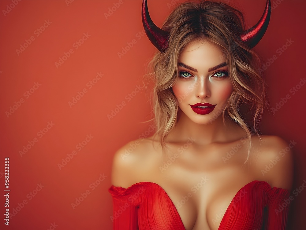 Alluring and Captivating Devil Woman in Red Horns for Halloween Alluring and Captivating Devil Woman in Red Horns for Halloween