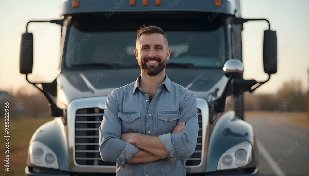 A confident driver in shirt and jeans standing in front on his truck and looking at camera A confident driver in shirt and jeans standing in front on his truck and looking at camera