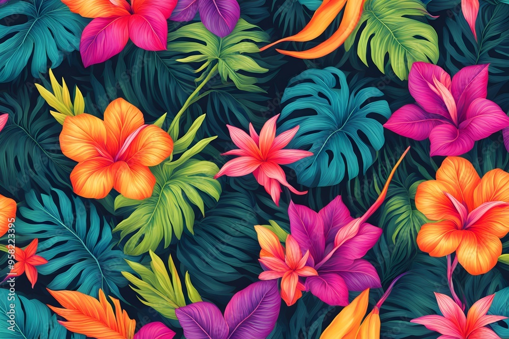 A floral pattern with a mix of tropical flowers and leaves in bright neon colors, AI Generated