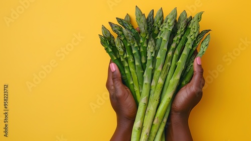 Woman hands holding a bunch of fresh asparagus.