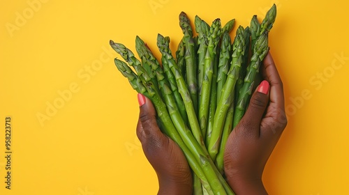 Woman hands holding a bunch of fresh asparagus.