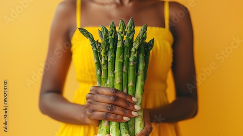 Woman hands holding a bunch of fresh asparagus.