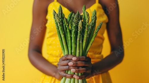 Woman hands holding a bunch of fresh asparagus.