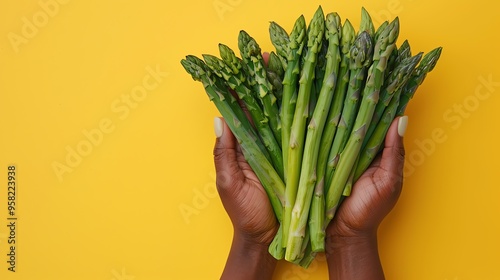 Woman hands holding a bunch of fresh asparagus.