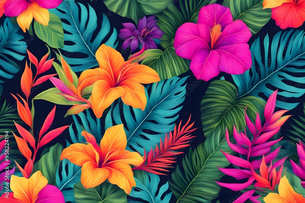 A floral pattern with a mix of tropical flowers and leaves in bright neon colors, AI Generated A floral pattern with a mix of tropical flowers and leaves in bright neon colors, AI Generated