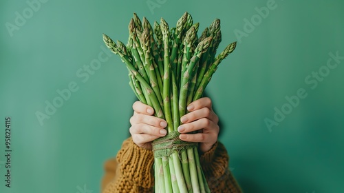 Woman hands holding a bunch of fresh asparagus.