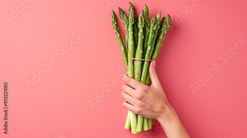 Woman hands holding a bunch of fresh asparagus.