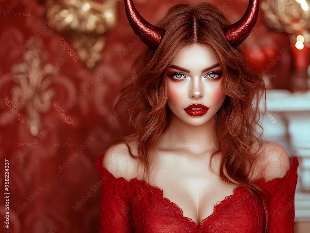 Fototapeta premium Captivating Devil Themed Portrait of a Stunning Redheaded Woman in Alluring Red Dress