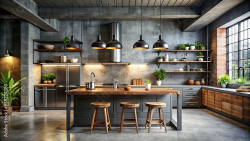 moody industrial chic kitchen with exposed ductwork dark grey concrete walls distressed wooden islands sleek stainless steel appliances dramatic low-key lighting urban gritty feel photo