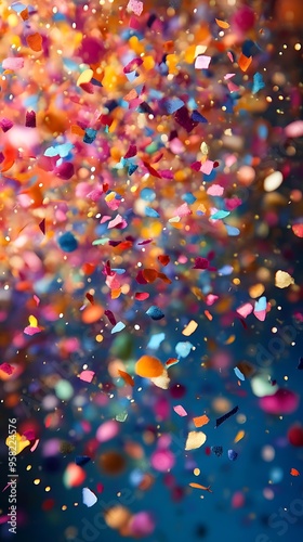 Colorful Confetti Falling on Blue Background Photo