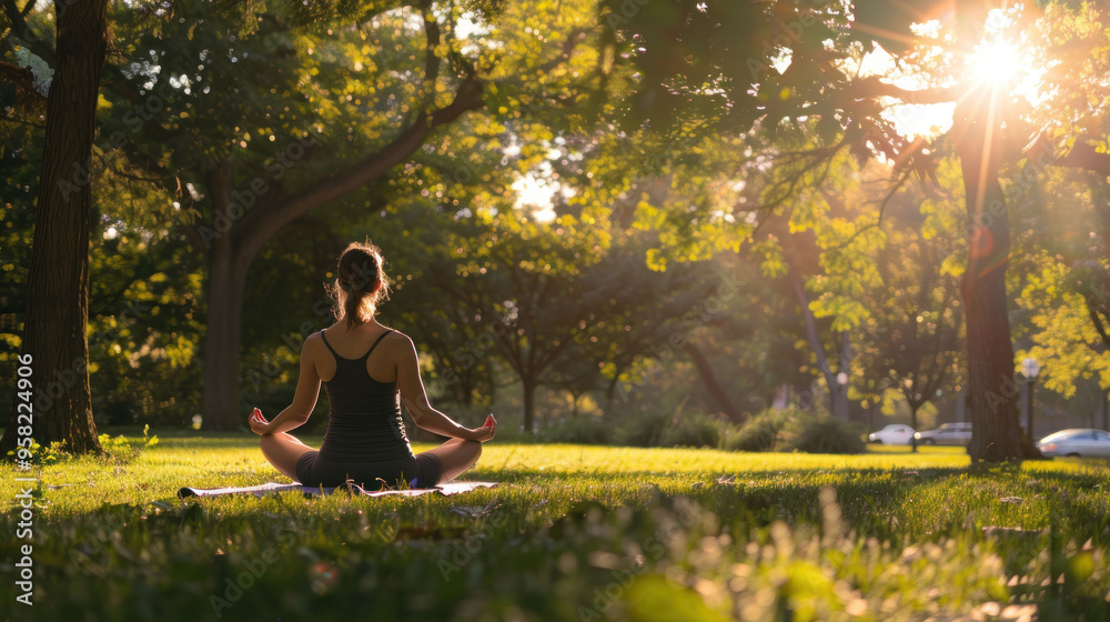 A woman practices yoga in serene park, surrounded by lush greenery and sunlight filtering through trees. A woman practices yoga in serene park, surrounded by lush greenery and sunlight filtering through trees.