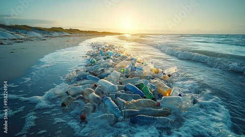 Plastic Pollution on a Beach at Sunset photo