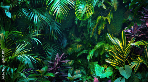 Lush green foliage creates vibrant tropical atmosphere, showcasing various plants and ferns.