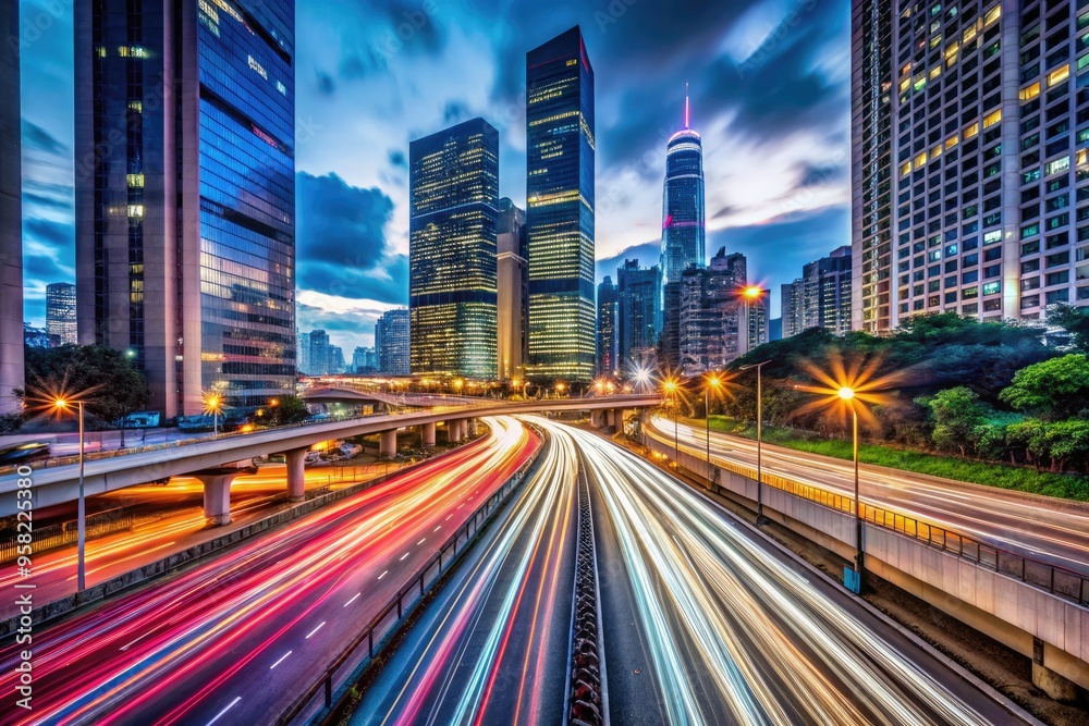 long exposure shot of busy highway under neon city lights with blurred cars and towering skyscrapers in cool urban mood long exposure shot of busy highway under neon city lights with blurred cars and towering skyscrapers in cool urban mood