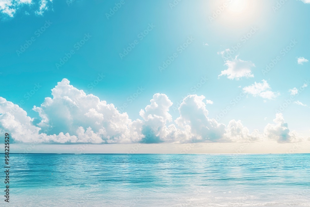 Fototapeta premium Panorama of clear sky background for summer vacation concept at ocean and summer sea water with sunlight of beautiful cloudy sky , ai
