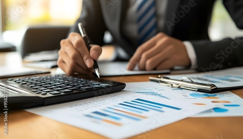 Close-up of a businessman's hands working with financial documents and a calculator.