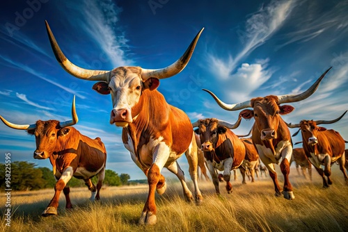 WildlifeDramaticDuskAction dynamic longhorns in motion against a deep blue sky with subtle motion blur and golden rim light photo