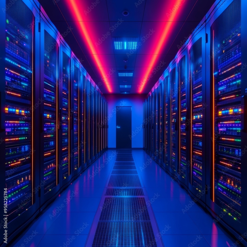 Modern Data Center With Server Racks, Illuminated by Red and Blue Lights, Technology Concept Modern Data Center With Server Racks, Illuminated by Red and Blue Lights, Technology Concept