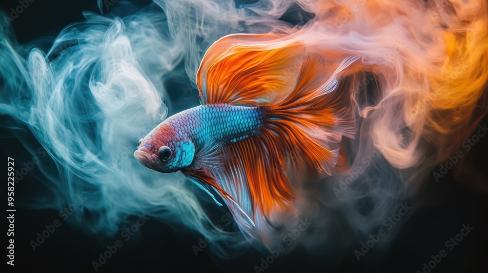 Fototapeta premium A betta fish with a very attractive color and decorated with a tail with a colorful smoke-like effect looks very beautiful