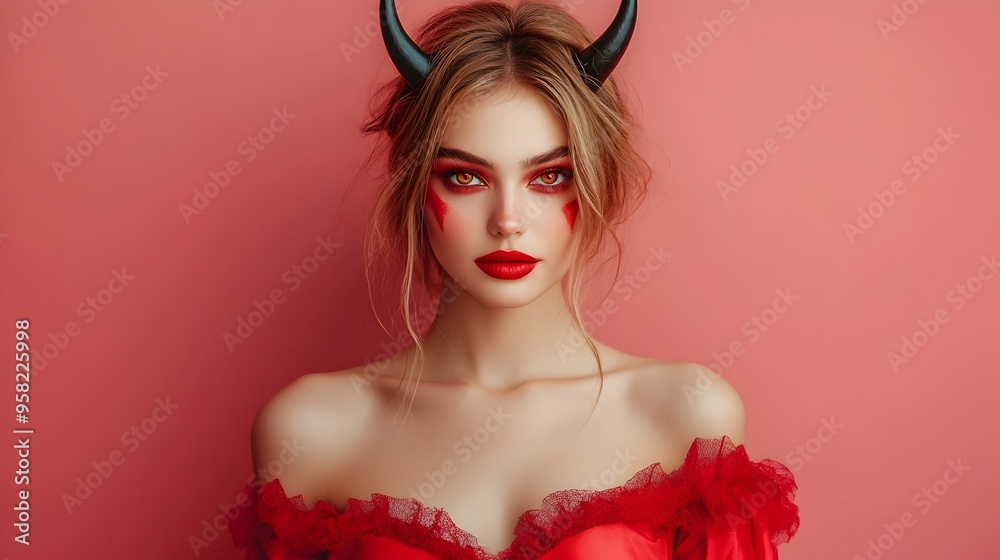 Alluring Devil Woman in Crimson Costume with Horns on Vibrant Background Alluring Devil Woman in Crimson Costume with Horns on Vibrant Background