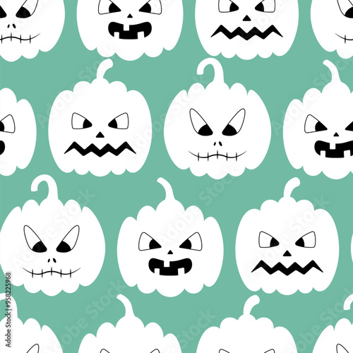 Pumpkin. White Halloween symbols. Ghostly silhouettes of vegetables with different grimaces. Seamless vector pattern. Repeating Halloween ornament on a green background. Flat style. Jack-o'-lantern. 