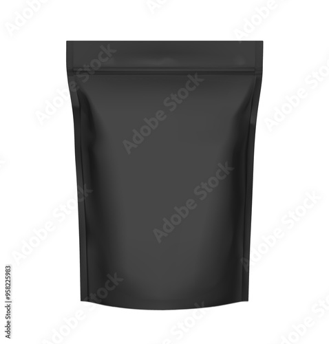 Realistic black stand up pouch bag with zip lock mockup. Front view. Vector illustration isolated on white background. Ready for your design. EPS10.	