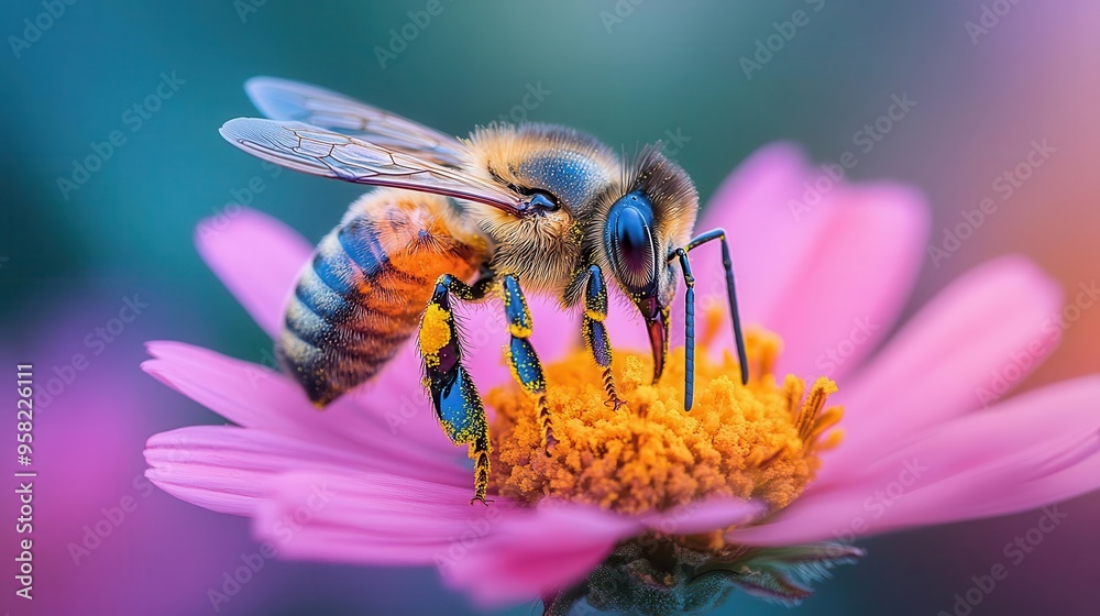 macro shot of a golden honeybee covered in pollen viewed from above against a blurred flower background intricate wing and body details visible macro shot of a golden honeybee covered in pollen viewed from above against a blurred flower background intricate wing and body details visible