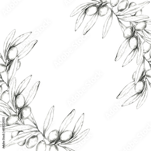 Pencil drawing clipart of an olive branch arranged in a semi-circular design. Illustration for use in wedding invitations, greeting cards, and any project that needs a Mediterranean-inspired element