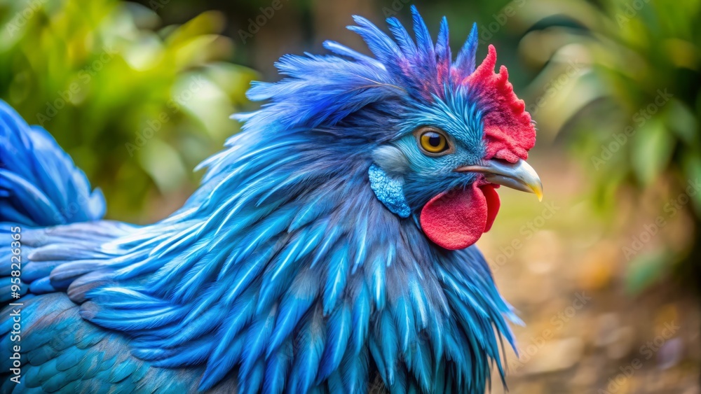 A photo shows a stunning blue Ameracauna chicken, its plumage a dazzling blue, with a majestic crest of soft, fluffy feathers. A photo shows a stunning blue Ameracauna chicken, its plumage a dazzling blue, with a majestic crest of soft, fluffy feathers.