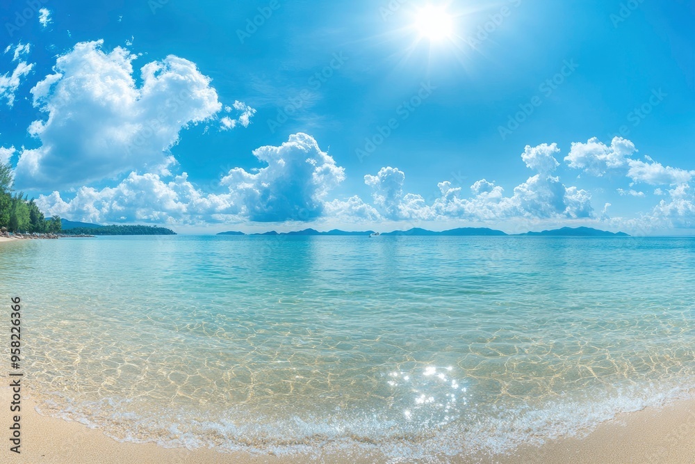 Panorama of clear sky background for summer vacation concept at ocean and summer sea water with sunlight of beautiful cloudy sky , ai Panorama of clear sky background for summer vacation concept at ocean and summer sea water with sunlight of beautiful cloudy sky , ai