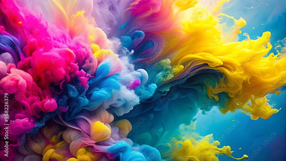 Fototapeta premium A vibrant and colorful abstract composition featuring pink, yellow, and blue hues dominating the left side of the image