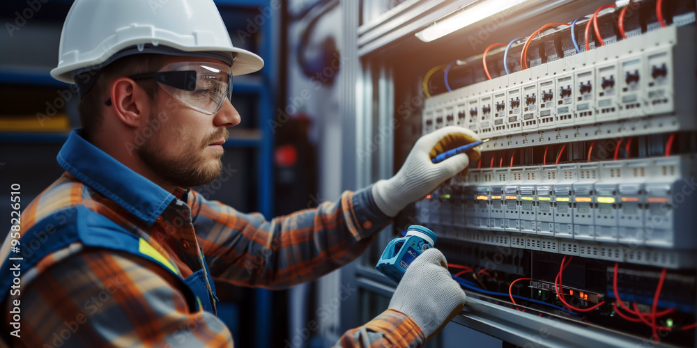 A professional electrician in a clean, modern workspace, wearing a uniform and safety gear, carefully inspecting a circuit breaker panel.
